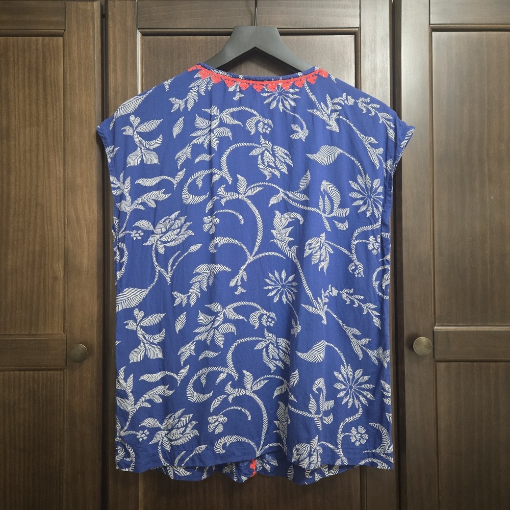 Irving & Fine x Lucky Brand Popover Print Top Embroidered Boho Red Blue Small - Picture 2 of 13